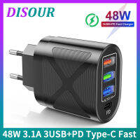 DISOUR 48W 3.1A 3.1A 3USB + PD Type-C Fast Charger 4พอร์ตชาร์จ EU/US/UK ปลั๊ก USB ชาร์จเดินทาง5V/3.1A MAX สำหรับ Infinix Xiaomi Redmi Huawei iPhone Quick