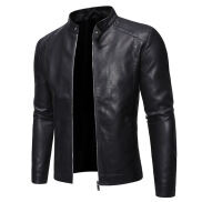 QBELY Spring Autumn Leather Jacket Men Stand Collar Slim Pu Leather Jacket