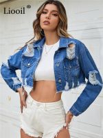 ZZOOI Liooil Blue Ripped Tassel Cropped Denim Jackets Women Long Sleeve Button Pockets Streetwear Short Coats Sexy Hole Jean Outwears