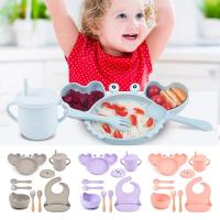 Silicone Baby Feeding Set Baby Dinner Plate Auxiliary Food Bowl Spoon Adjustable Bib Infant Self Eating Utensil Weaning Supplies Bowl Fork Spoon Sets