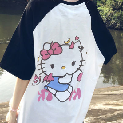 เสื้อยืดแขนสั้นผ้าฝ้ายพิมพ์ลายการ์ตูน Hello Kitty เสื้อเสื้อยืดแบบหลวมลำลอง