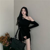 [Women Clothing.] เสื้อผ้าไอจี เดรสสลิปเดรส 2022 ใหม่ ผู้หญิงเซ็กซี่ที่ไม่มีสายหนังอารมณ์บางกระเป๋าสะโพกกระโปรงสั้นกระโปรงบางแน่นสีดำdress