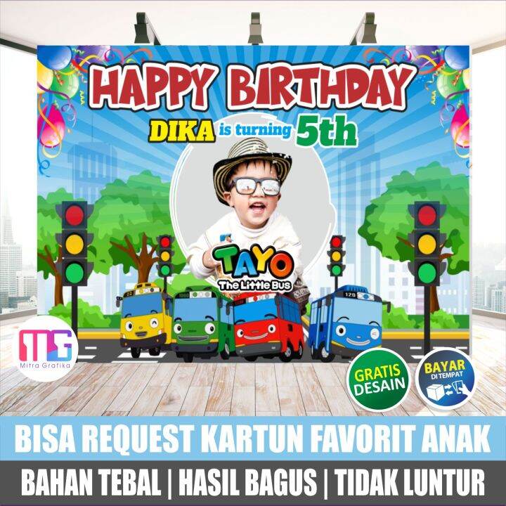 Cetak Spanduk ultah anak cowok tema bus Tayo / banner ulang tahun anak