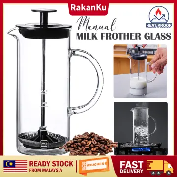 Manual Milk Frother Glass Milk Foamer Coffee Pot Glass Mesh French