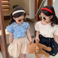 Korean style Summer Kids Floral Embroidery Collar Shirts Tops Baby Girls Short Sleeve Cotton Blouses