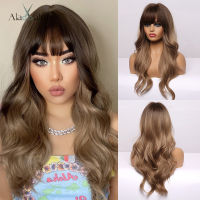 ALAN EATON Ombre Black Brown Long Wave Synthetic Wigs with Full Bangs For Black Women Heat Resistant Fibre Cosplay Party Daily