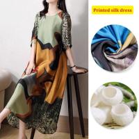 ❈ Simple Loose slim silk print dress Round Neck Long Dress