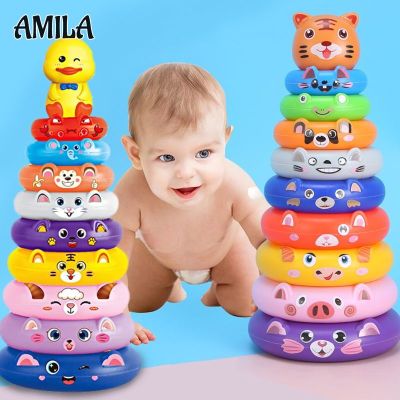 AMILA Jenga แหวนหอคอยสีรุ้งเพื่อการศึกษาของเด็ก0ถึง3ปี