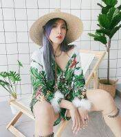 ??Tropical Forest Set ??:: เสื้อเชิ้ตทรงoversize ลายป่า ปลายแขนติดขนมิ้งฟูฟ่อง