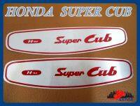 HONDA  "Hm Super Cub" STICKER PLATE "CHROME" with "RED" LETTER size 14.5x3 cm. SET PAIR // แผ่นสติ๊กเกอร์ข้อความ SUPER CUB สีแดง พื้นสีเงิน พร้อมกาวติด สินค้าคุณภาพดี