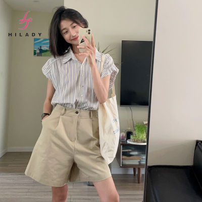 HILADY เสื้อแขนหลวมลายทางสไตล์เกาหลีแบบย้อนยุค + กางเกงขาสั้นสีกากีตรงของผู้หญิง