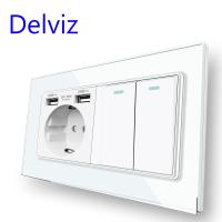 [HOT GELLXKOWOIGHIO 527] Delviz ผนังซ็อกเก็ต USB คู่2แก๊ง2Way/1Way ปุ่มกด SwitchWhite แก้วคริสตัลแผงสหภาพยุโรปมาตรฐาน16A สวิตช์ไฟ