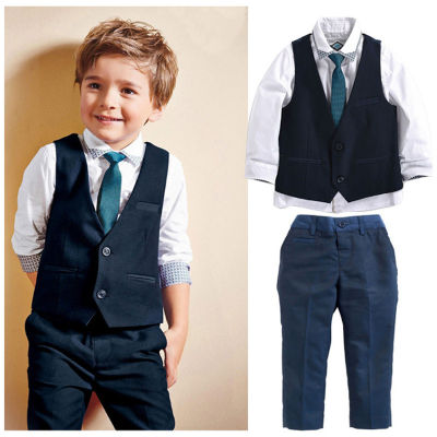 ชุดเซตเสื้อเบลาส์ + เนคไท + เสื้อกั๊ก + กางเกงสำหรับเสื้อแขนยาวเด็กชายของเด็ก4ชิ้น