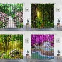 Forest Fall View Bath Curtain Rainforest ไม้ไผ่สีเขียวพิมพ์ผ้าตกแต่งห้องน้ำสุดหรู 180 * 180 ซม