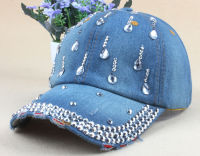 ใหม่ DENIM หมวก hip hop แฟชั่นผู้หญิงหมวก Water DROP rhinestones VINTAGE Jean ผ้าฝ้ายเบสบอลหมวกสำหรับชาย HOT SALE