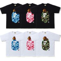 Bape เสื้อยืดแขนสั้นผู้ชายและผู้หญิงผ้าฝ้ายคอกลม240กรัมลายพราง,เสื้อยืดครึ่งแขน