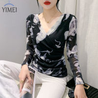 YIMEI 2023ใหม่เสื้อท่อนบนผ้าตาข่ายสีสันสดใสสำหรับผู้หญิงเสื้อยืดคอวีแนวขวางสำหรับผู้หญิงเสื้อแขนยาวฤดูใบไม้ร่วง