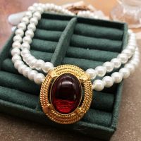 Oval Shape Pendant Necklace Red Glass Cab Double Strands Glass Pearl Collar Collier Accesssories