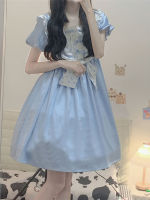 HOUZHOU Kawaii Lolita Dress Women Blue Preppy Style Short Sleeve Bow Ruffles Patchwork Summer Dress Japanese Sweet Sundress