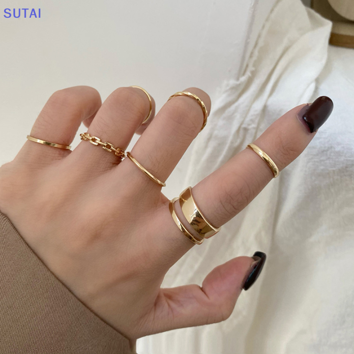 lowest-price-sutai-ชุดแหวนเครื่องประดับแฟชั่น7ชิ้นขายดีแหวนนิ้วกลมกลวงสำหรับผู้หญิงปาร์ตี้งานแต่งงานของขวัญ