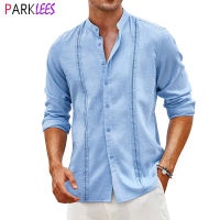 ผู้ชาย Cuban Guayabera เสื้อผ้าลินิน Casual ปุ่มลง Roll Up เสื้อสำหรับชาย Band Collar Summer Beach เสื้อ Chemise Homme