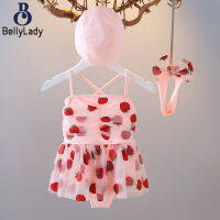 3pcs Girls Sling Swimwear Cartoon Strawberry Printed Fast Dry One-piece Swimsuit With Swimming Cap Headband【fast】