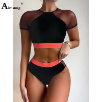 High Cut Women Bikini Sets 2021 Patchwork Guaze Swimsuits Crop Top Two Pieces Swimwear Monokini Beachwear y Femme Clothing