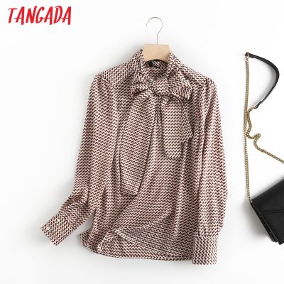 Tangada women retro print bow tie shirt blouse long sleeve chic female high quality elegant office shirt blusas femininas 6D71