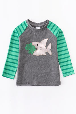 Girlymax St. Patricks Day Spring Boys Long Sleeves Top Shark Farm Cow Truck Clover Boutique Cotton T-shirts Kids Clothing