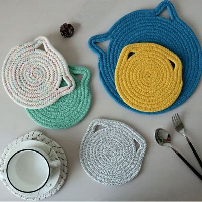 1Pc 18cm Cotton Woven Coaster Cat Ears Shape Hanging Placemat Dining Table Plate Dish Mat Kitchen Cup Pot Holder Insulation Pad