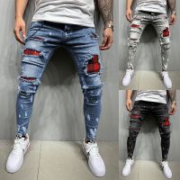 Fashion Mens Hole Slim pants new style mens paint BlackBlueGrey Hiphop quality cotton Jeans