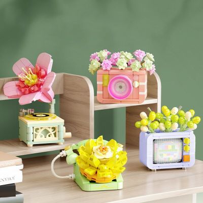 Creative and Interesting Vintage Camera Phone Flower Bonsai Desktop Decoration Building Blocks Bricks Toys Gifts