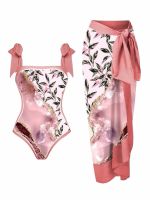 hot●Women Vintage Colorblock Abstract Floral Print 1 Piece Swimwear+1 Piece Cover UP Two Piece Vintage Print Swimsuit Monokini 9249