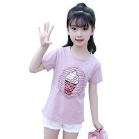 Fashion Kids Girls Tshirt Children Summer Clothing Teenage White/pink/black Sequins Tops Birthday Shirt Cotton Ice Cream T-shirt