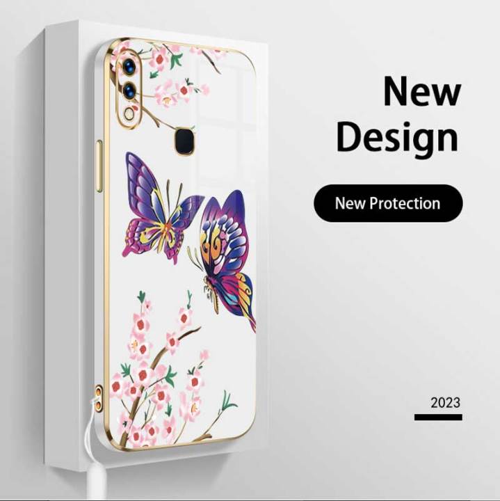 เคสสำหรับ-vivo-y91-y91i-y95หรูหราผีเสื้อที่สวยงามด้วยดอกไม้ป้องกันโทรศัพท์เคสซิลิโคนนิ่มขอบชุบฟรีสายคล้อง