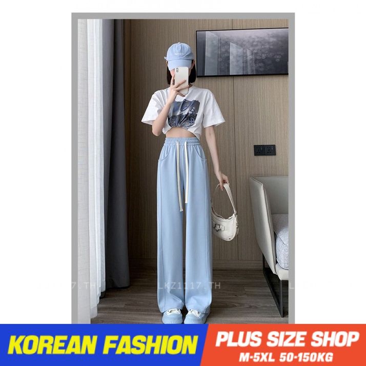 plus-size-เสื้อผ้าสาวอวบ-กางเกงขายาวสาวอวบ-ผู้หญิง-ไซส์ใหญ่-เอวสูง-กางเกงขากว้างทรงหลวม-สีพื้น-สไตล์เกาหลีแฟชั่น-คนอ้วนใส่ได้