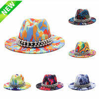 Fedora มัดย้อม Multicolor ปีกกว้างรู้สึกปานามาหมวกมุกเข็มขัดอย่างเป็นทางการชุดแต่งงานผู้ชายผู้หญิงหมวกแจ๊สฤดูใบไม้ผลิหมวกขายส่ง