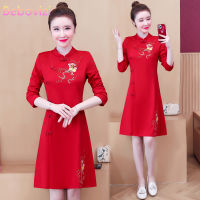 【CW】Plus Size M-4XL 2021 New Red Long Sleeves Embroidery Qipao for Women Chinese Cheongsam Dress Party Casual Clothing New Year