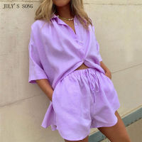 JULYS SONG Lounge Wear Woman Pajamas Set 2 Pcs Cotton Female Sexy Sleepwear Summer Solid Color Pyjamas Shorts Suit Homewear