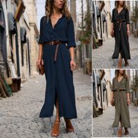 Women Lapel Long Sleeve Button Shirt Maxi Dress Casual Loose Solid Color Slit Long Shirt Dress