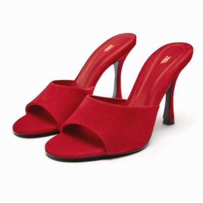 2023 ZA Family Spring and Autumn New za.ra Red Suede Womens  Shoes with High Heels and Mueller Shoes for External Wear