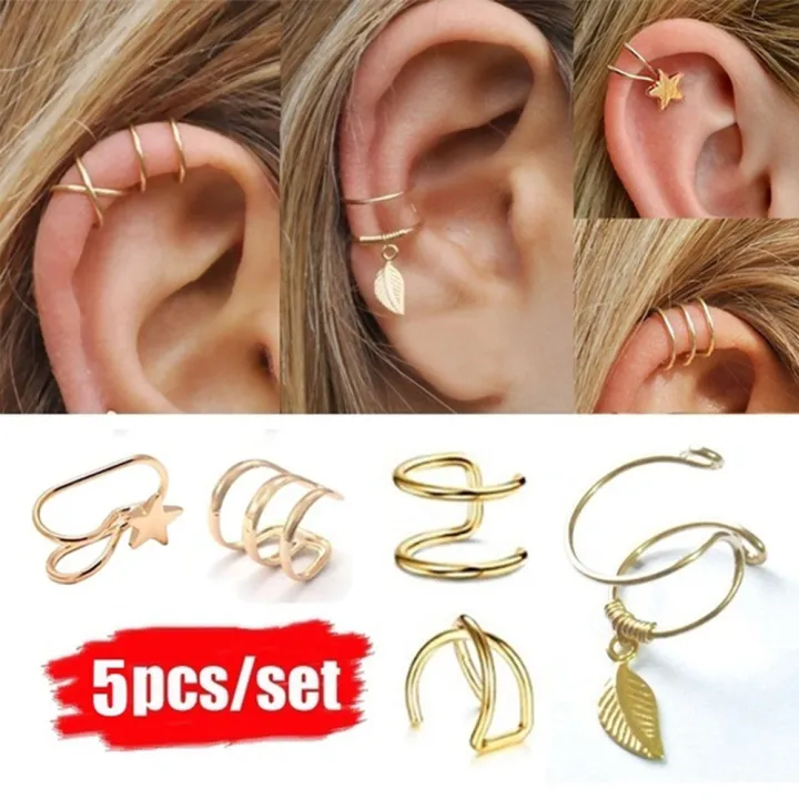 ROOKIE Men 5Pcs/Set Cartilage Clip On Fake Cartilage Earrings Ear Cuffs ...