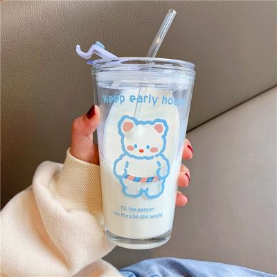 [ใหม่2023] Kawaii แก้วดื่มแก้วกาแฟหมีความคิดสร้างสรรค์โปร่งใสเบียร์นมการ์ตูนแก้วน้ำที่มีฟางฝาปิดวันเกิดของขวัญ