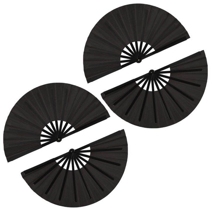 4-pieces-large-folding-fan-nylon-cloth-handheld-folding-fan-chinese-kung-fu-tai-chi-fan-black-decoration-fold-hand-fan