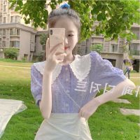 WANGYARU ฤดูร้อน เสื้อผ้าผู้หญิงสีม่วงคอปกตุ๊กตา เสื้อเชิ้ตแขนสั้นแขนพอง เสื้อเกาหลีแฟชั่นวินเทจ