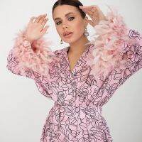 【JH】Flowers Print Feather Sleeves Sleepwear Abstract Pattern Loungewear Women Pajama 2022 Fashion Womens Clothing Sets Suit