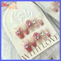 DILER 10ชิ้น XS M L Love Bow เล็บแฮนด์เมดสีชมพูลายเส้นสีขาวด้วยพลอยเทียมเล็บปลอมมือล้วนแบบหรูหราคลุมทั้งหมดไข่มุกโซ่เล็บปลอมสำหรับผู้หญิง