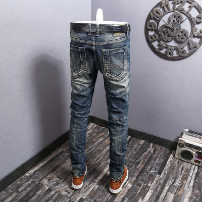 【READY STOCK】High Quality Mens Vintage Jeans Distressed Slim Fit Stretchable Denim Punk Rock Fashion WearTH