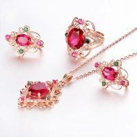 【lz】✎  Conjunto de jóias losango cristal cor embutidos luxo para mulheres brincos elegantes ouro 585 roxo chapeamento de ouro rosa 14k