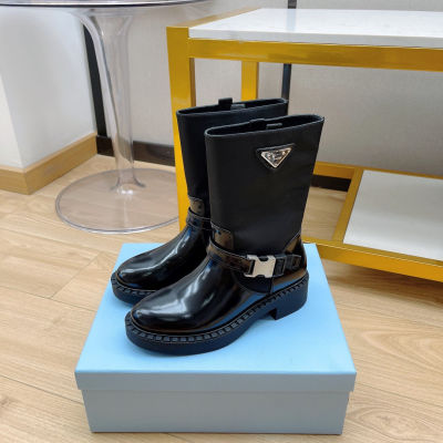 【Original Label】Martin Boots Womens Black Spliced Thick Bottom British Style Belt Buckle Thick Heel Mid Sleeve Short Boots Womens